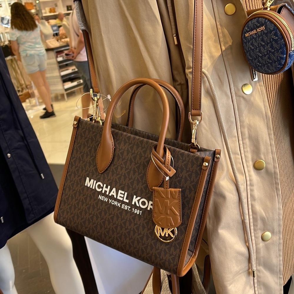 Michael Kors Mirella Small Shopper Top Zip Crossbody Bag Brown Logo MK - Picture 15 of 16